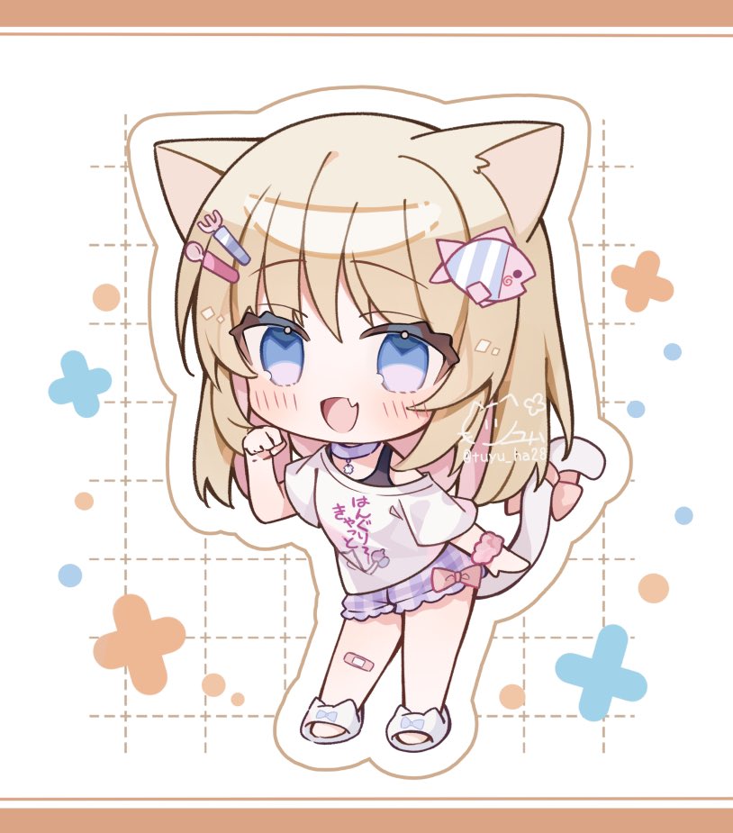 1girl :d animal_ears bandaid bandaid_on_leg blonde_hair blue_eyes blush cat_ears cat_girl cat_slippers cat_tail chibi chibi_only colored_inner_hair commentary_request commission fang fish_hair_ornament fork_hair_ornament full_body hair_ornament hand_up indie_virtual_youtuber letterboxed looking_at_viewer multicolored_hair nekoto_komari off_shoulder open_mouth paw_pose pink_hair plaid_clothes plaid_shorts purple_shorts ringouulu shirt short_hair short_sleeves shorts single_bare_shoulder skeb_commission skin_fang slippers smile solo spoon_hair_ornament standing tail twitter_username virtual_youtuber white_background white_shirt white_slippers