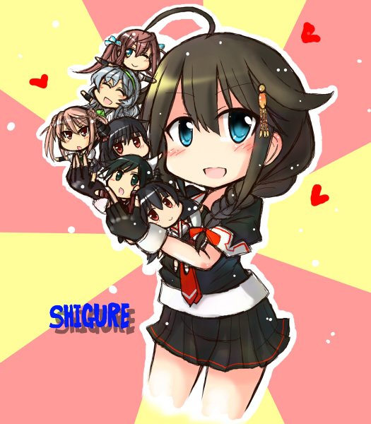 6+girls ahoge asagumo_(kancolle) black_gloves black_hair black_serafuku black_skirt blue_eyes braid commentary_request cowboy_shot fingerless_gloves fusou_(kancolle) gloves hair_flaps hair_over_shoulder kamashi kantai_collection looking_at_viewer macedonian_flag michishio_(kancolle) mini_person minigirl mogami_(kancolle) multiple_girls neckerchief one-hour_drawing_challenge open_mouth pleated_skirt red_neckerchief remodel_(kantai_collection) school_uniform serafuku shigure_(kancolle) single_braid skirt smile solo_focus sunburst yamagumo_(kancolle) yamashiro_(kancolle)