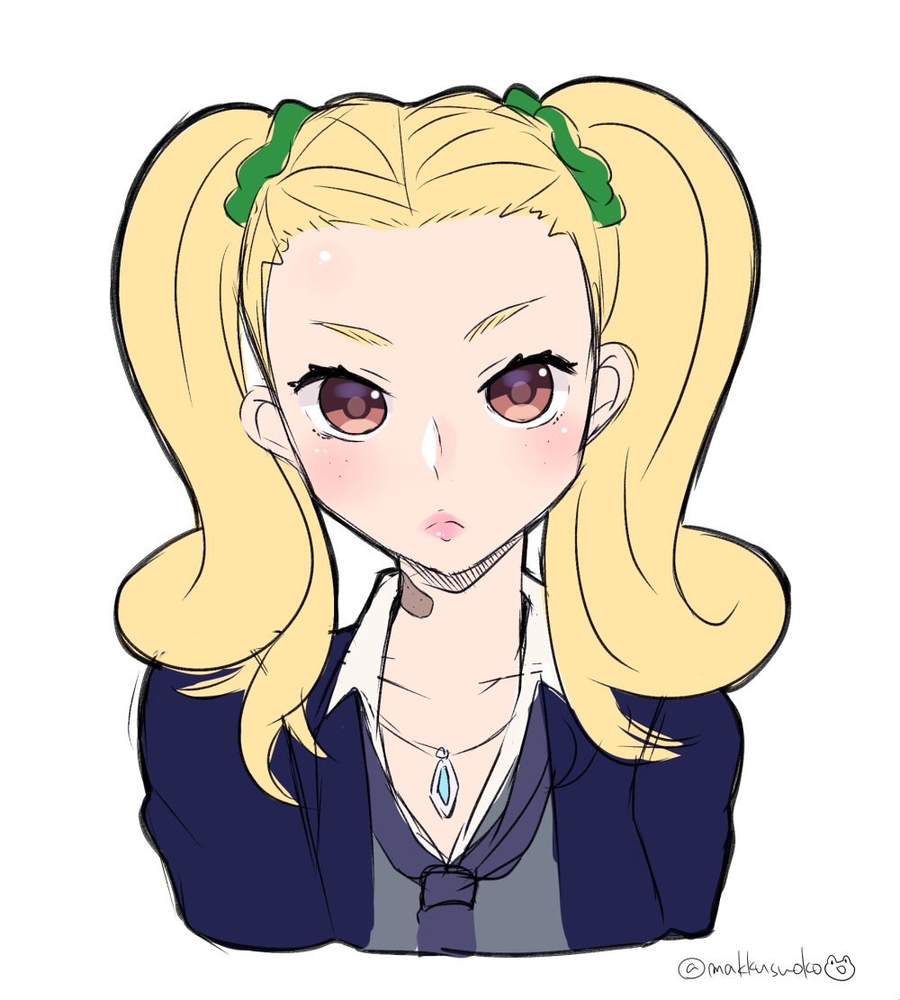 1girl ayase_yuka blonde_hair blush brown_eyes closed_mouth collarbone do_m_kaeru freckles hair_ornament hair_scrunchie jewelry lips long_hair looking_at_viewer necklace necktie persona persona_1 school_uniform scrunchie simple_background solo st._hermelin_school_uniform twintails twitter_username white_background