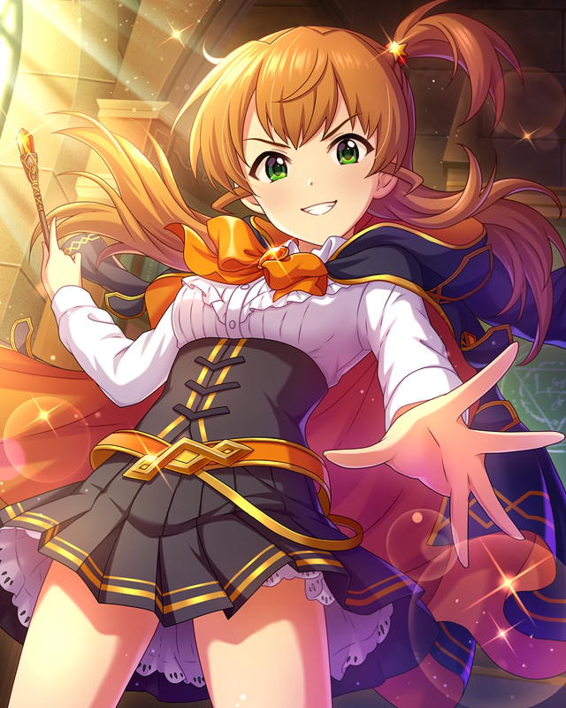 1girl brown_hair card_(medium) cloak corset green_eyes grin idolmaster idolmaster_cinderella_girls idolmaster_dearly_stars official_art sakurai_yumeko side_ponytail skirt smile solo sunlight wand