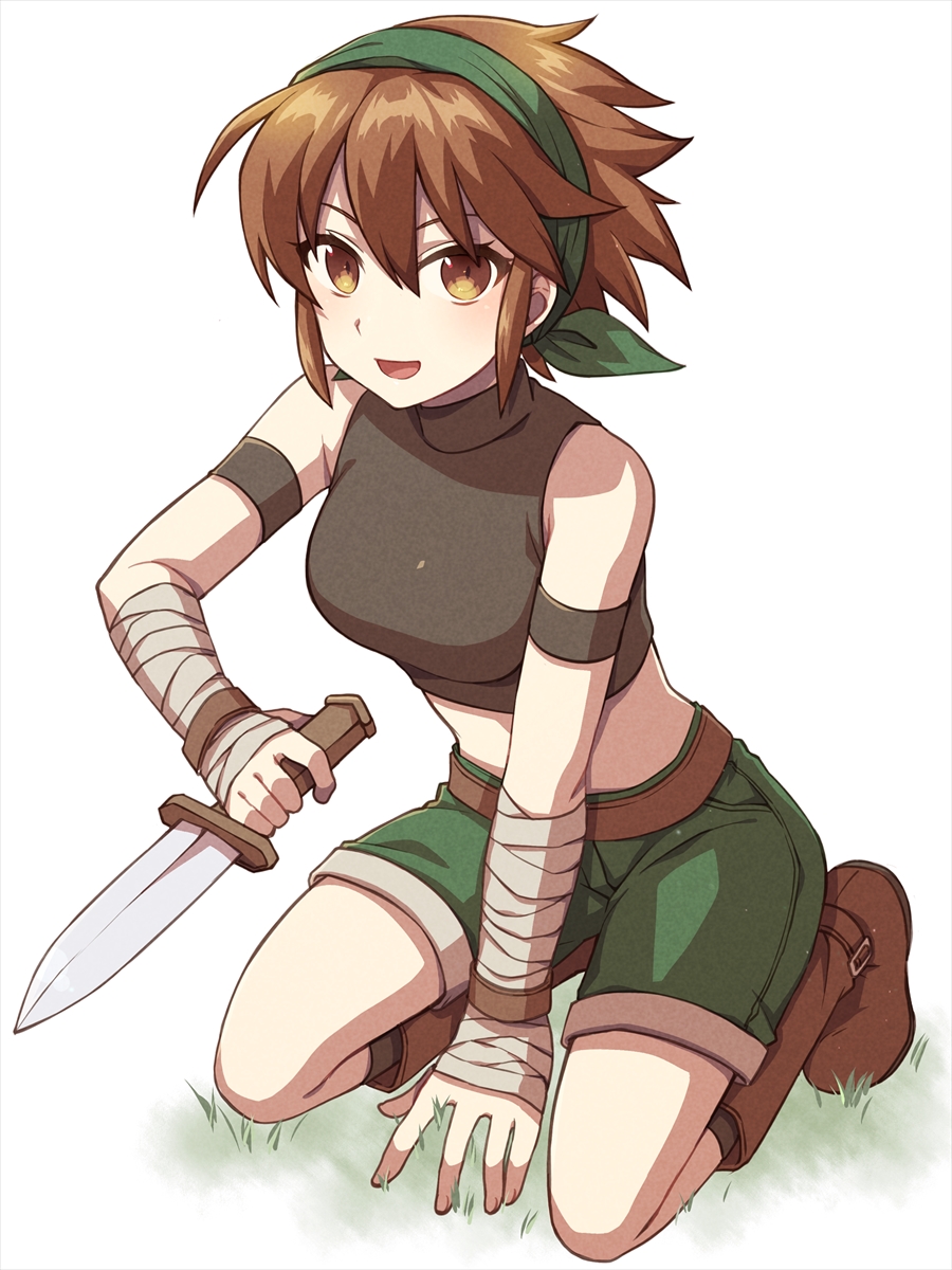 1girl bandaged_wrist bandages bandit_(tales_of_destiny_2) belt black_shirt boots breasts brown_belt brown_boots brown_eyes brown_hair chihiro_(chihiro3399) commentary_request crop_top dagger full_body grass green_hairband green_shorts hair_between_eyes hairband highres holding holding_dagger holding_knife holding_weapon kneeling knife looking_at_viewer medium_breasts midriff open_mouth reverse_grip shirt short_hair shorts simple_background sleeveless sleeveless_shirt smile solo tales_of_(series) tales_of_destiny tales_of_destiny_2 weapon white_background