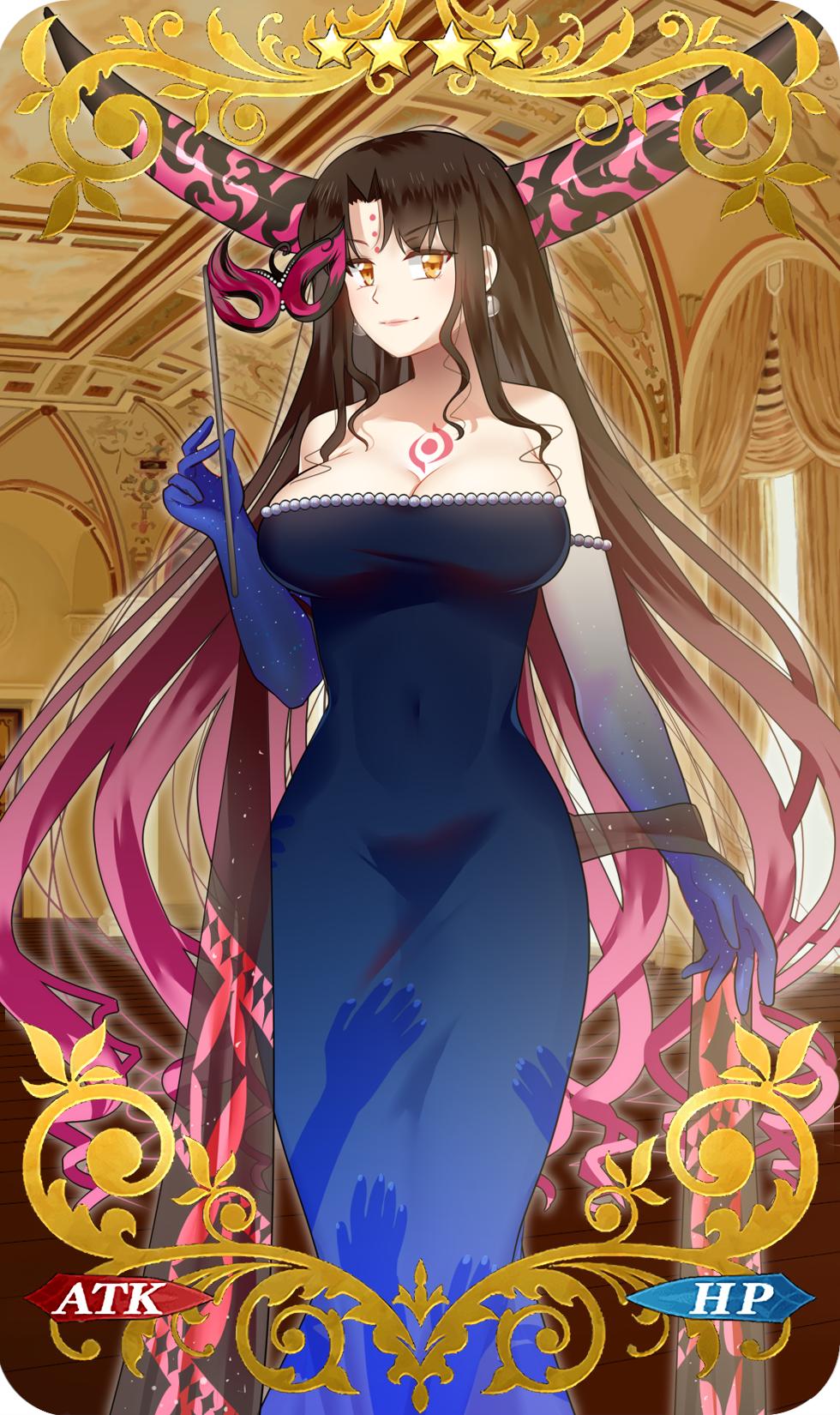 1girl artist_collaboration bare_shoulders battyandcatty black_horns black_shawl blue_dress blue_skin breasts card_(medium) card_parody chest_tattoo chocojax cleavage colored_skin commentary covered_navel craft_essence_(fate) dress earrings english_commentary facial_mark fate/grand_order fate_(series) feet_out_of_frame forehead_mark gem gradient_clothes gradient_dress gradient_hair gradient_skin handprint highres holding holding_mask horns jewelry large_breasts long_hair looking_at_viewer mask masquerade_mask multicolored_hair multicolored_horns off-shoulder_dress off_shoulder parted_bangs pearl_(gemstone) pearl_earrings pink_hair pink_horns print_dress sessyoin_kiara sessyoin_kiara_(heaven&#039;s_hole) shawl sidelocks solo star_(symbol) tattoo two-tone_horns very_long_hair yellow_eyes