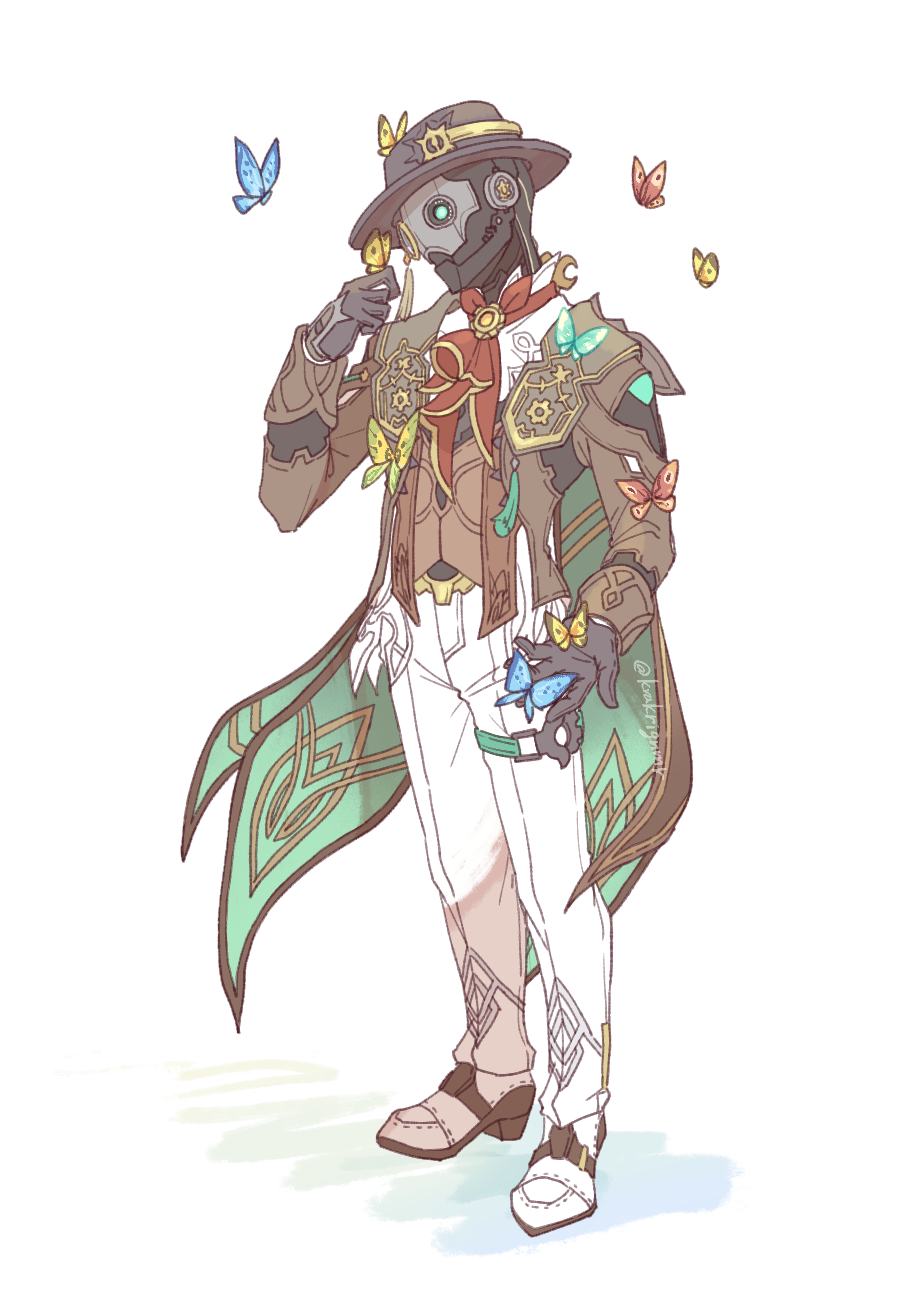 1boy black_gloves blue_butterfly brown_suit bug butterfly butterfly_on_arm butterfly_on_hand butterfly_on_shoulder commentary_request formal_clothes gloves green_butterfly highres holding_butterfly honkai:_star_rail honkai_(series) insect krakrignmr looking_at_animal male_focus monocle pants red_butterfly robot screwllum_(honkai:_star_rail) suit white_background white_footwear white_pants yellow_butterfly