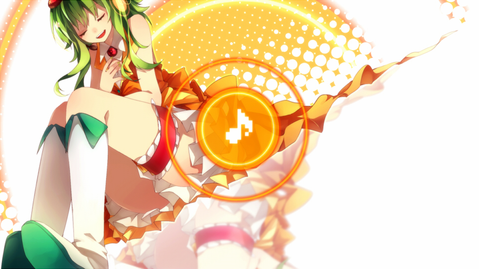 1girl aka_tonbo_(lililil) boots closed_eyes goggles goggles_on_head green_eyes green_hair gumi musical_note short_hair smile vocaloid
