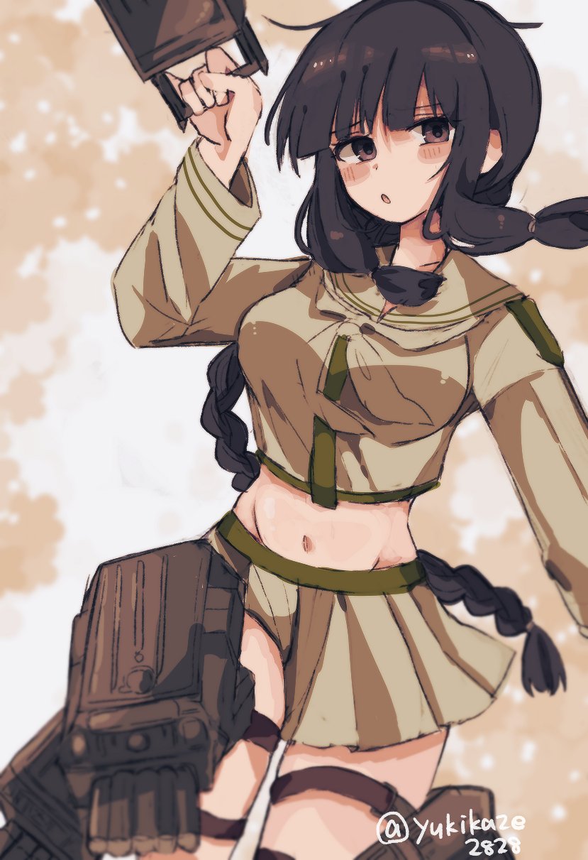 1girl black_hair blush braid breasts brown_eyes crop_top highres kantai_collection kitakami_(kancolle) kitakami_kai_ni_(kancolle) long_hair long_sleeves looking_at_viewer medium_breasts midriff navel neckerchief one-hour_drawing_challenge parted_lips pleated_skirt rigging sailor_collar school_uniform serafuku sidelocks simple_background single_braid skirt solo thigh_strap torpedo_tubes twitter_username very_long_hair yukikaze2828