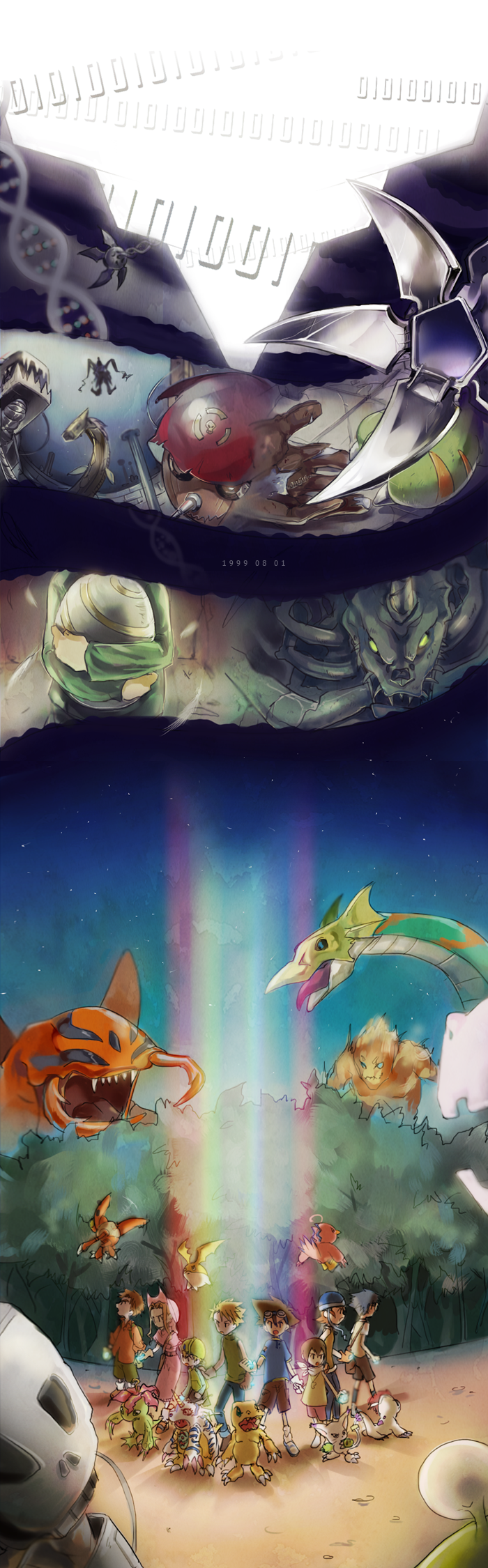3girls 5boys andromon apocalymon dark_masters digimon digimon_(creature) digitama egg forest glasses highres ishida_yamato izumi_koshiro kido_jo kuwagamon meramon metalseadramon mugendramon multiple_boys multiple_girls nature numemon piemon pinochimon seadramon skullgreymon tachikawa_mimi takaishi_takeru takenouchi_sora wizarmon yagami_hikari yagami_taichi