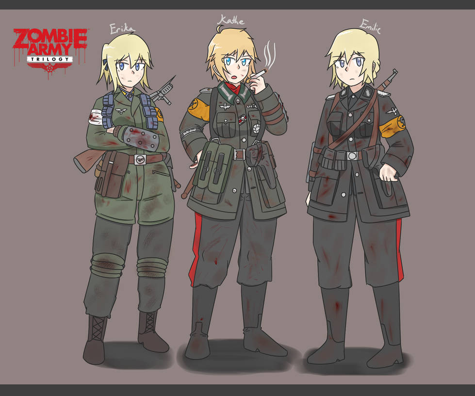 3girls ammunition_belt ammunition_pouch armband arms_folded bandages belt belt_buckle blonde_hair blood blood_on_clothes blood_on_face blue_eyes bolt_action braces buckle character_name cigarette collar english_text fg_42 gun holding holding_cigarette mauser_98 military military_uniform multiple_girls open_mouth original phenol_r ponytail pouch rifle schutzstaffel shadow short_hair simple_background smoking sniper_elite sniper_elite_nazi_zombie_army weapon wehrmacht world_war_ii