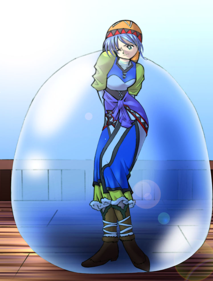 1girl bandana blue_eyes blue_hair closed_mouth daikinbakuju dress full_body long_hair luna_noah lunar:_the_silver_star mixed-language_commentary one_eye_closed ponytail restrained solo standing