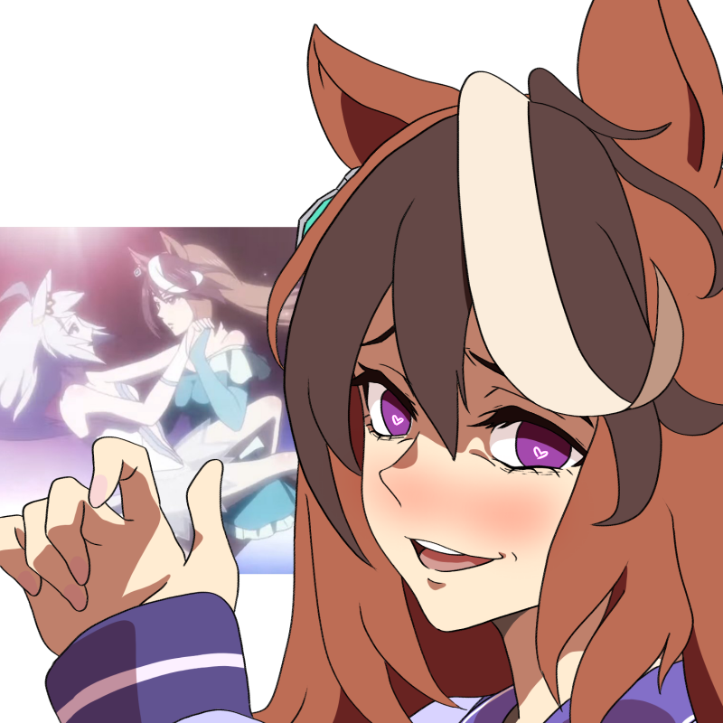 2girls animal_ears brown_hair commentary_request crazy_eyes crazy_smile derivative_work don&#039;t_bully_suzuka furrowed_brow hand_up heart heart-shaped_pupils holding_hands horse_ears horse_girl ice_skating multicolored_hair multiple_girls oguri_cap_(umamusume) portrait purple_eyes purple_shirt scene_reference school_uniform screenshot_inset screenshot_redraw shaded_face shirt skating smile streaked_hair symbol-shaped_pupils symboli_rudolf_(umamusume) tracen_school_uniform umamusume umamusume:_cinderella_gray white_hair winter_uniform yuri