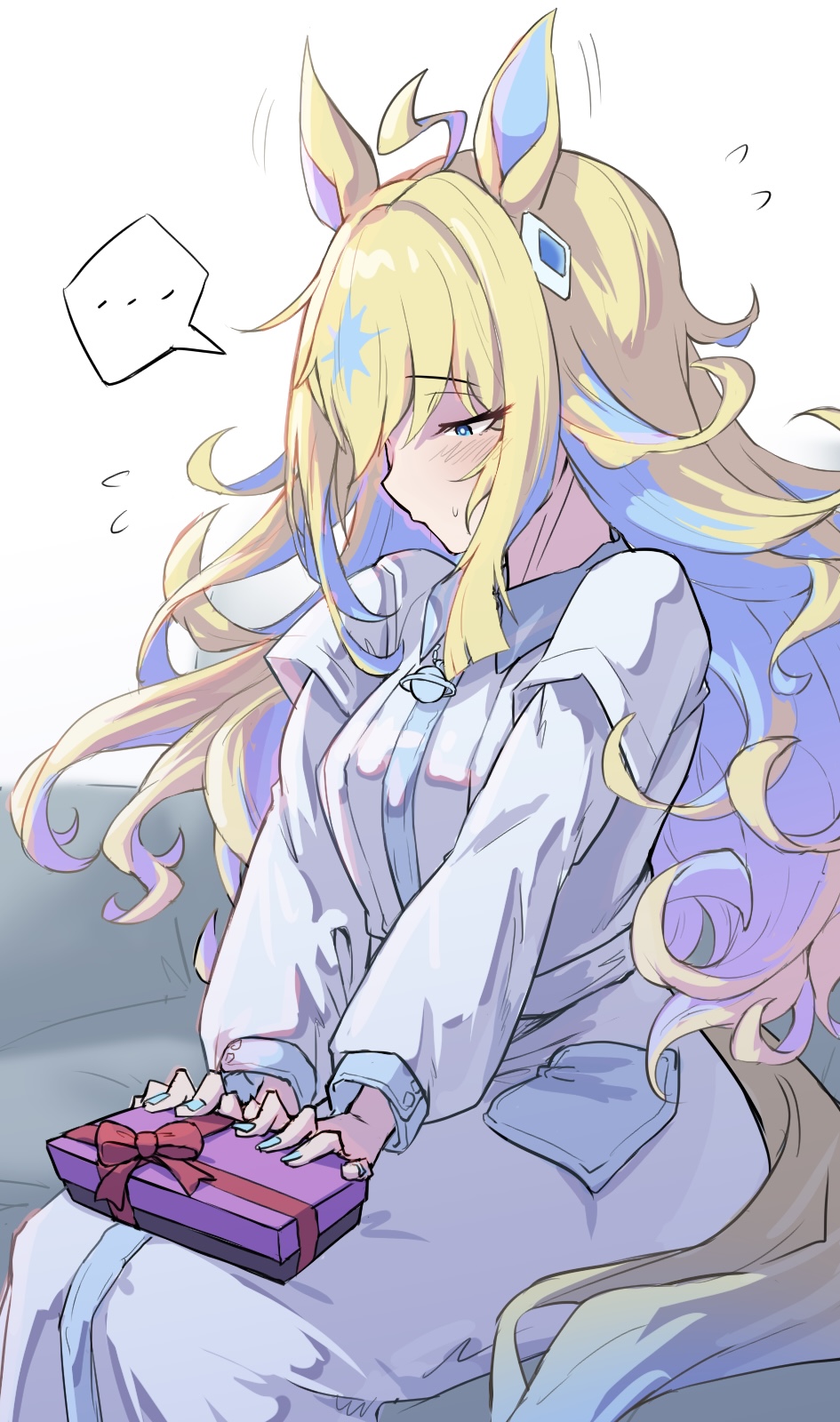 ... 1girl ahoge animal_ears blonde_hair blush breasts casual chocolate closed_mouth couch embarrassed fingernails gift hair_between_eyes hair_ornament hekahire_isurus highres horse_ears horse_girl horse_tail messy_hair multicolored_hair neo_universe_(umamusume) simple_background small_breasts tail two-tone_hair umamusume valentine white_background