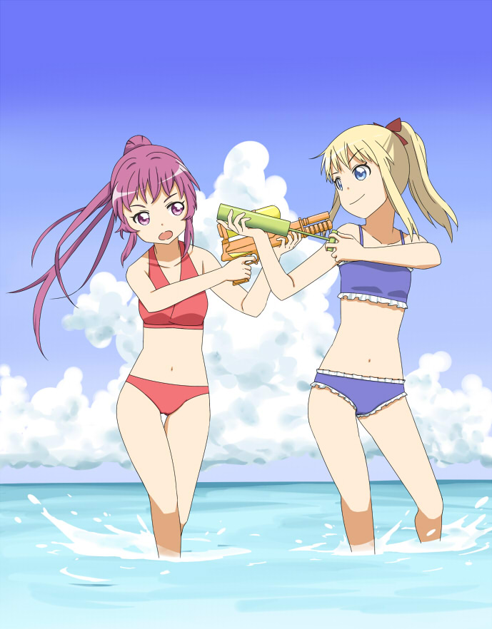 2girls alternate_hairstyle bikini blonde_hair blue_bikini blue_eyes bow cloud collarbone day hair_bow midriff multiple_girls navel open_mouth outdoors partially_submerged ponytail purple_eyes purple_hair red_bikini shikou_sakugo_(qqap9gt9k) shikousakugo sky smile splashing sugiura_ayano swimsuit toshinou_kyouko water water_gun yuruyuri
