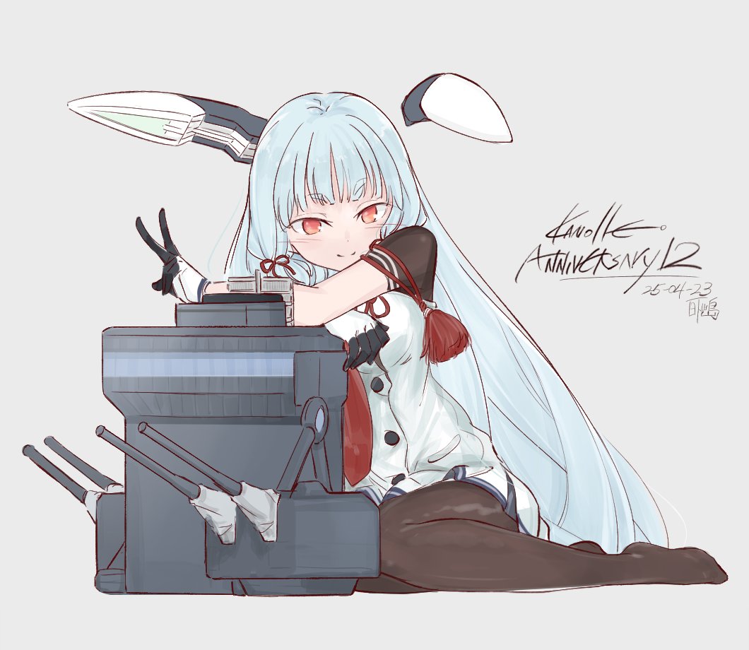 1girl anniversary black_pantyhose black_undershirt blush breasts dress floating_headgear full_body gloves hair_ribbon headgear hikashima_(shiofune) kantai_collection leaning_on_object long_hair looking_at_viewer medium_breasts murakumo_(kancolle) murakumo_kai_ni_(kancolle) no_shoes orange_eyes pantyhose ribbon sidelocks smile solo strapless strapless_dress tress_ribbon v very_long_hair