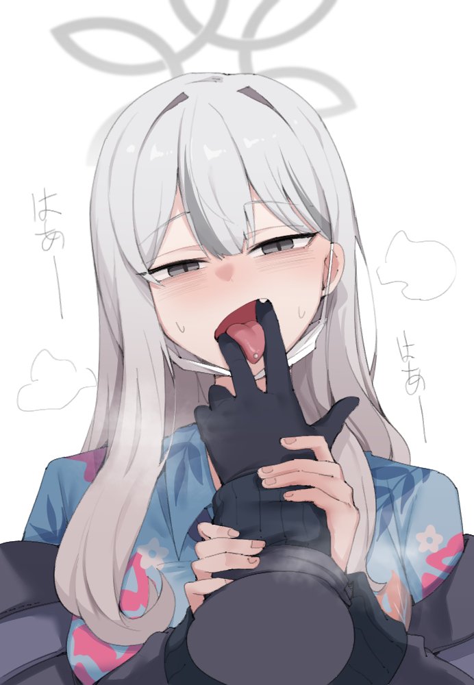 1girl 1other black_gloves blue_archive blue_shirt character_request fang finger_in_another&#039;s_mouth gloves grey_eyes gurenola holding_another&#039;s_wrist konoka_(blue_archive) long_hair looking_at_viewer open_mouth piercing pov pov_hands shirt sweat tongue tongue_out tongue_piercing