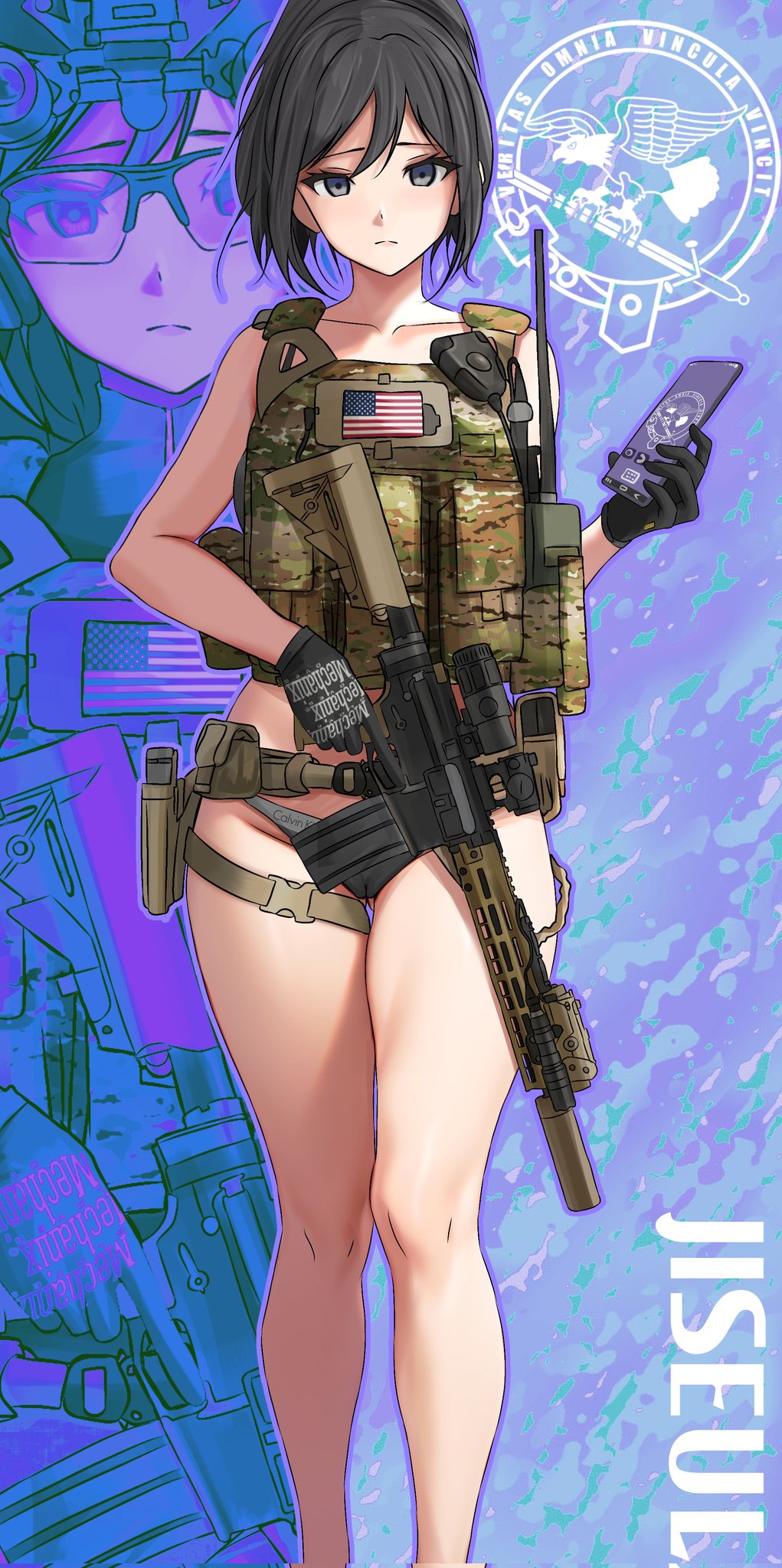 1girl american_flag black_buruma black_eyes black_gloves black_hair black_sports_bra buruma calvin_klein camouflage_vest cellphone character_name closed_mouth collarbone commentary commentary_request corrupted_twitter_file dgkamikaze english_commentary foot_out_of_frame gloves highres holding holding_phone jiseul_(aceno_9029) lands original phone second-party_source serious smartphone solo sports_bra standing thigh_strap thighs walkie-talkie zoom_layer