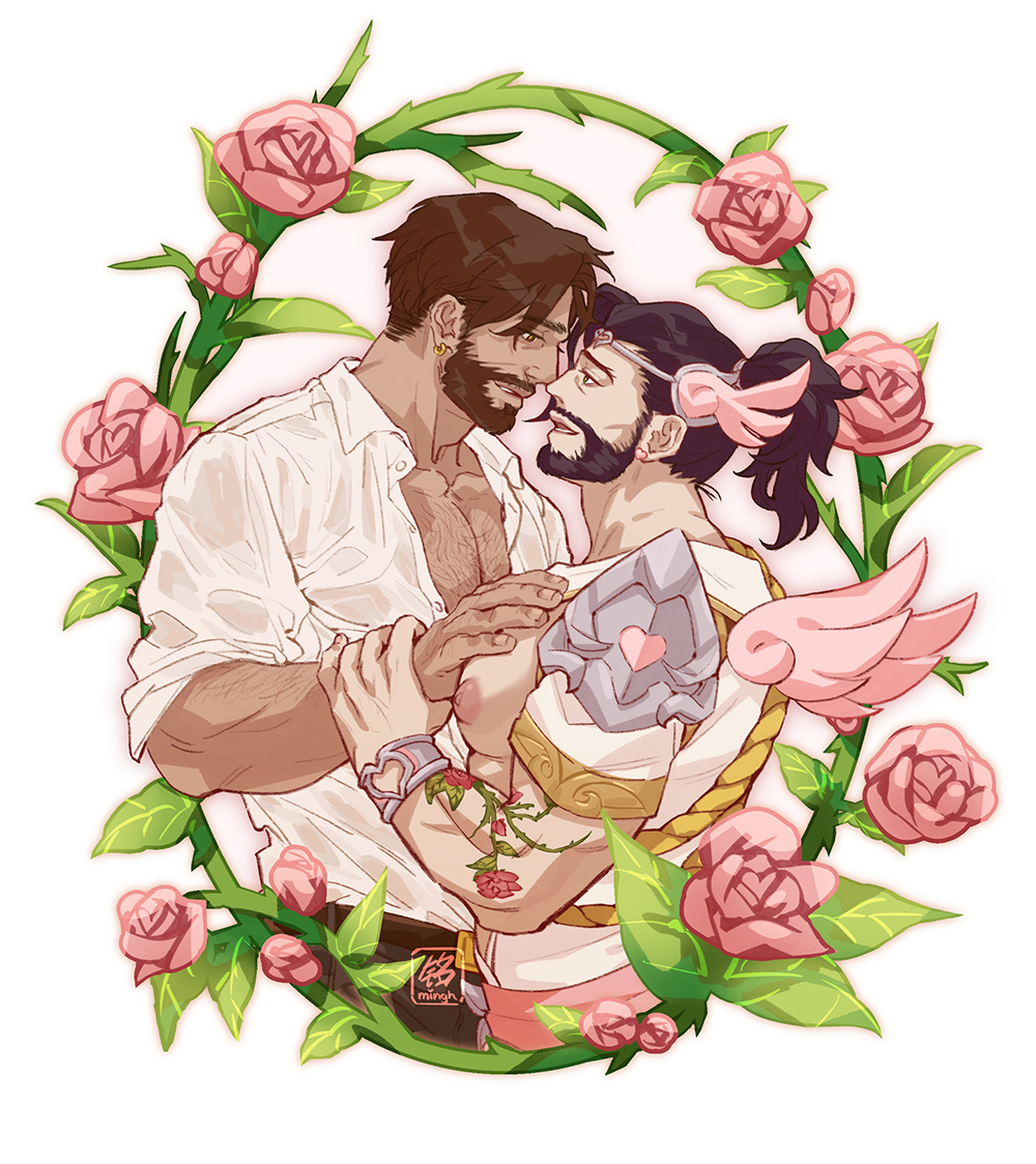 2boys ancient_greek_clothes bara bare_pectorals beard black_hair cassidy_(overwatch) chest_hair collared_shirt couple cropped_legs cupid cupid_hanzo dark-skinned_male dark_skin earrings eye_contact facial_hair floral_background flower_tattoo from_side greco-roman_clothes hand_on_another&#039;s_chest hanzo_(overwatch) heart heart_earrings high_ponytail interracial jewelry large_pectorals looking_at_another magical_boy male_focus mature_male minghii multiple_boys muscular muscular_male nipples official_alternate_costume overwatch overwatch_2 partially_unbuttoned pectoral_cleavage pectorals pink_wings ponytail puffy_nipples shirt short_hair smile tattoo textless_version tiara valentine wings yaoi