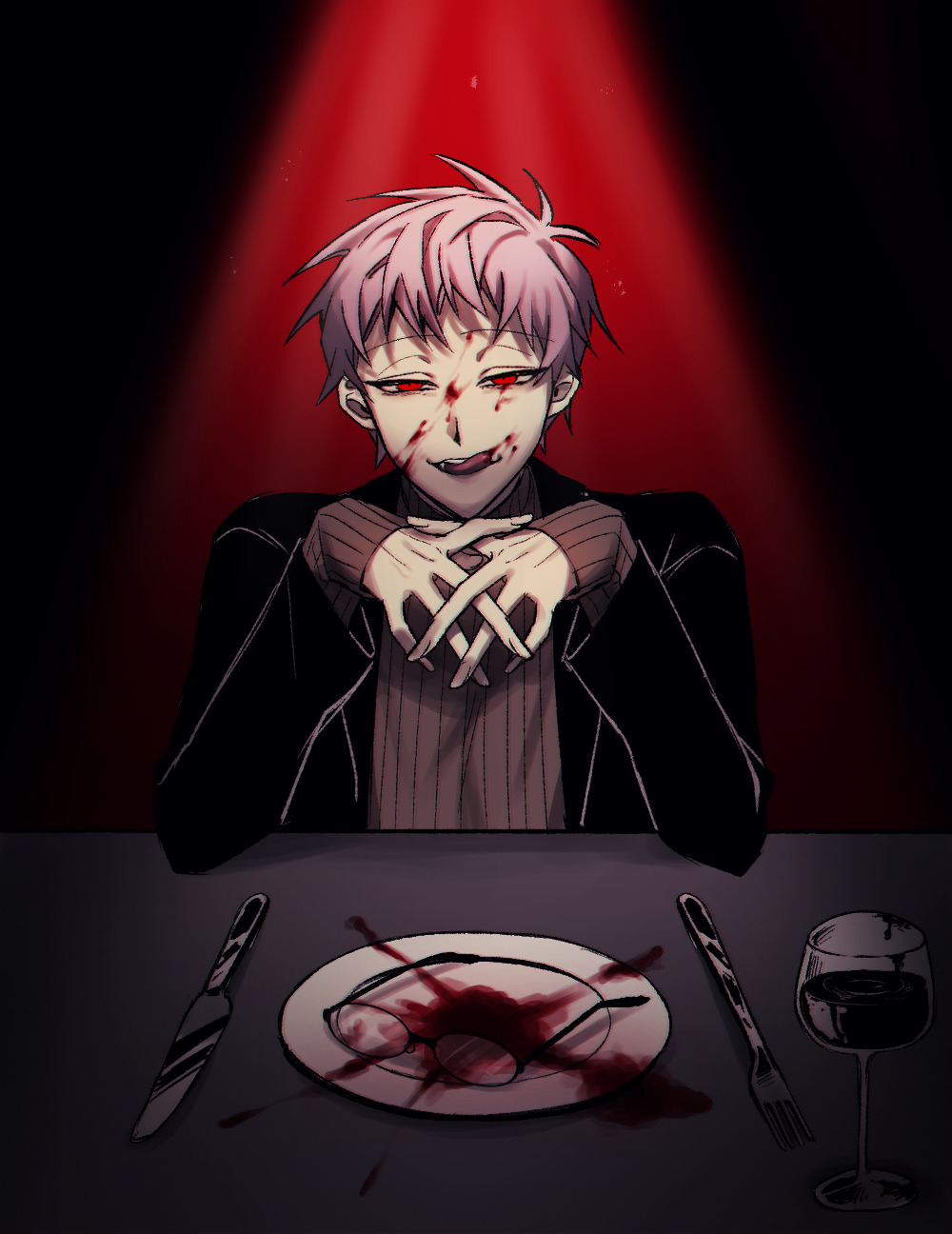 atou_haruki black_jacket blood blood_on_face brown_sweater commentary_request cup drinking_glass fork glasses highres implied_cannibalism jacket knife korean_commentary male_focus mometsu_033 open_clothes open_jacket pink_hair plate red_eyes ribbed_sweater saibou_shinkyoku short_hair spoilers sweater turtleneck turtleneck_sweater wine_glass