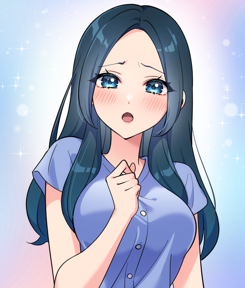 1girl blue_eyes blue_hair blue_shirt blush breasts gradient_background hand_up junjonta long_hair looking_at_viewer medium_breasts original shirt short_sleeves upper_body