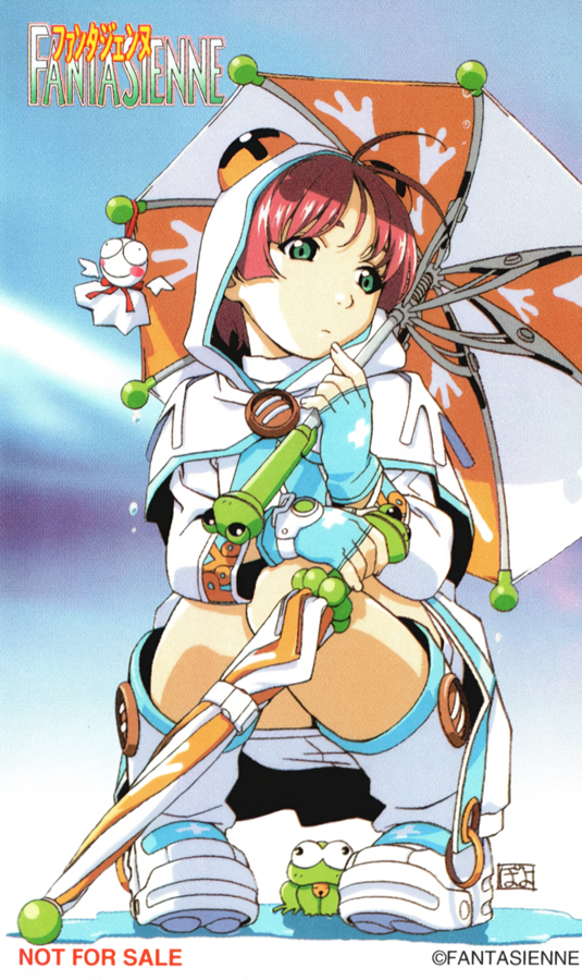 1girl blue_eyes blue_gloves boots copyright_name dripping fingerless_gloves frog gloves holding holding_umbrella long_sleeves non-web_source not_for_sale original red_hair short_hair solo squatting taiyotosho_fanta_vergennes umbrella watanabe_akio