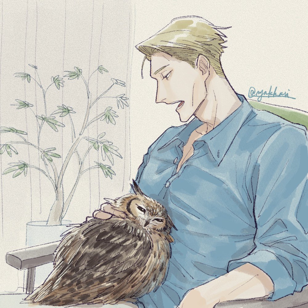 1boy bird bird_on_lap blonde_hair blue_shirt chair jujutsu_kaisen long_sleeves looking_at_another male_focus nanami_kento nekoyanaginekoko open_mouth owl petting shirt short_hair sitting solo teeth upper_body
