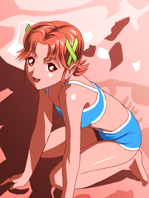 1girl akiho_minori bikini female_focus looking_up red_eyes red_hair shopyun short_hair shorts solo swimsuit tokimeki_memorial tokimeki_memorial_pocket