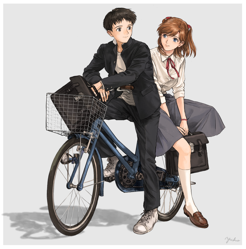 1boy 1girl alternate_hair_length alternate_hairstyle bicycle bicycle_basket black_hair black_jacket black_pants blue_eyes bow bowtie bracelet breasts briefcase brown_footwear closed_mouth collared_shirt dress_shirt full_body gakuran grey_background grey_skirt hair_ornament holding holding_briefcase ikari_shinji jacket jewelry knee_up kneehighs loafers long_hair long_sleeves looking_back looking_to_the_side medium_breasts multiple_riders neon_genesis_evangelion niko_(silent.whitesnow) open_clothes open_jacket orange_hair pants red_bow red_bowtie school_briefcase school_uniform shirt shoes short_hair sidesaddle signature simple_background skirt smile sneakers socks souryuu_asuka_langley two_side_up unbuttoned white_footwear white_shirt white_socks