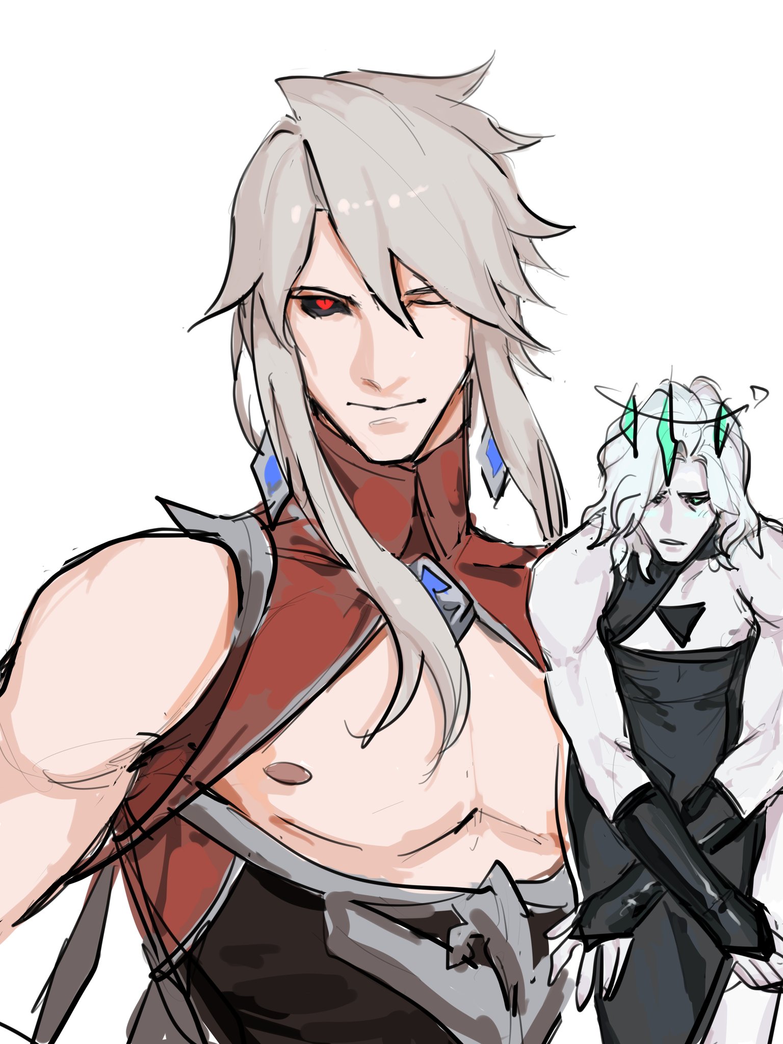 2boys ;) bare_shoulders black_dress black_gloves black_sclera colored_sclera colored_skin crossdressing dress fingerless_gloves gloves grey_hair grey_skin highres hole_in_chest hole_on_body league_of_legends long_hair looking_at_viewer male_focus multiple_boys one_eye_closed parted_lips red_dress red_eyes smile teeth viego_(league_of_legends) viegoletmefu vladimir_(league_of_legends)