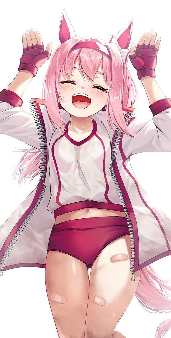 1girl animal_ears blush breasts buruma collarbone commentary_request crying fingernails hair_between_eyes hair_ornament hairband haru_urara_(umamusume) horse_ears horse_girl horse_tail jacket long_hair merxkialis navel open_mouth pink_hair solo tail teeth thighs umamusume upper_teeth_only white_background