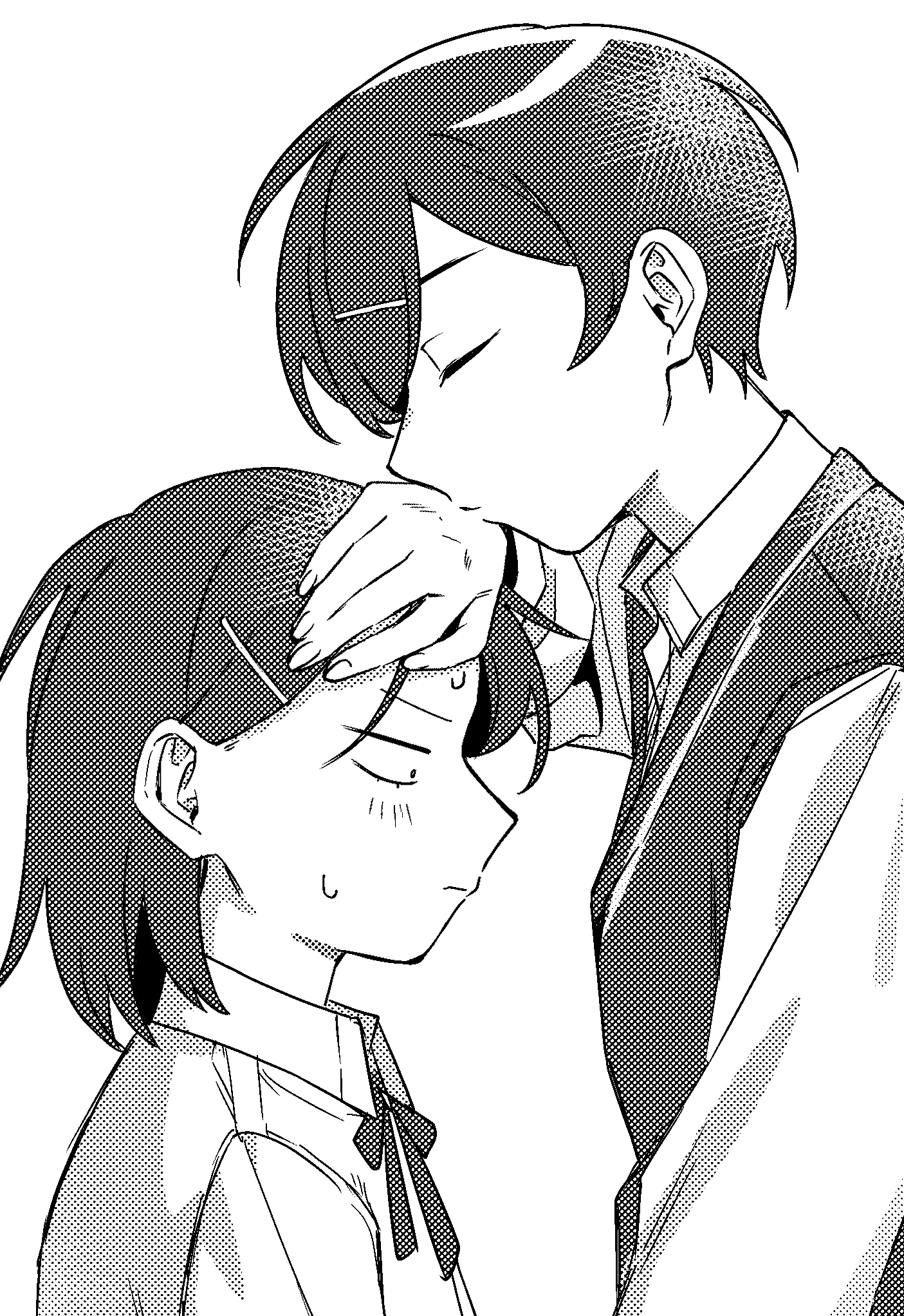 2girls blush collared_shirt futsuu_no_keion-bu greyscale hand_on_another&#039;s_head hatono_chihiro highres kiss kissing_hand kouyama_rin medium_hair monochrome multiple_girls pixie_cut ribbon rra_(yj) school_uniform shirt short_hair sweat sweater_vest white_background yuri