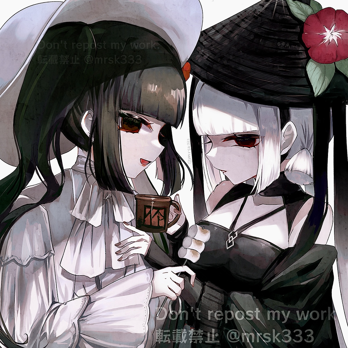 2girls bare_shoulders black_dress black_eyes black_hair blunt_bangs breasts colored_skin cup dress fate/grand_order fate_(series) grey_hair hat highres komahime_(fate) long_hair long_sleeves looking_at_viewer low_twintails multiple_girls murasaki_yuna off_shoulder open_mouth sen_no_rikyu_(fate) short_hair small_breasts smile twintails white_dress white_skin wide_sleeves