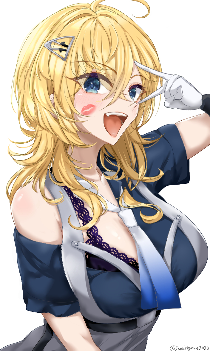 1girl black_bra blonde_hair blue_neckerchief bra chamumi_(mochiumee) gradient_neckerchief hair_ornament hairclip kantai_collection lipstick_mark medium_hair military_uniform neckerchief open_mouth simple_background smile solo teeth tuscaloosa_(kancolle) twitter_username underwear upper_teeth_only v v_over_eye white_background