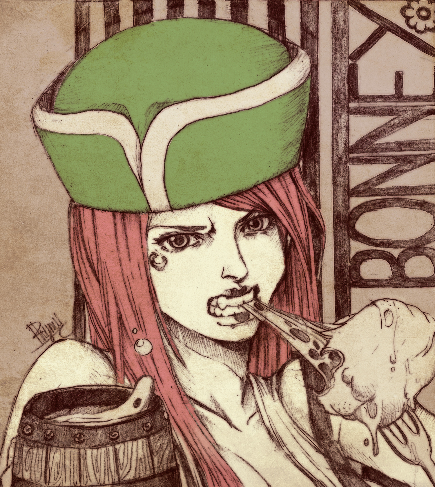 1girl anti-eyebrow_piercing bare_shoulders beer_mug black_eyes character_name clenched_teeth collarbone commentary cup eating english_commentary food fork green_hat hat highres holding holding_cup holding_food holding_fork jewelry_bonney lips lipstick long_hair looking_at_viewer makeup mug one_piece pink_hair pizza rhymee signature solo teeth