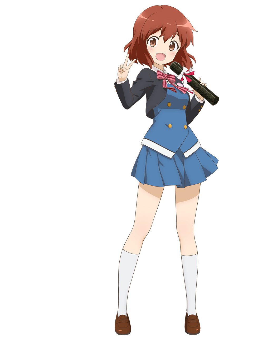 1girl :d black_jacket blue_skirt blue_vest bow bowtie brown_eyes brown_hair brown_shoes buttons collared_shirt diploma diploma_tube double-breasted fang full_body highres holding holding_diploma inokuma_youko jacket kin-iro_mosaic loafers long_sleeves miniskirt moegi_high_school_uniform official_art open_clothes open_jacket open_mouth pink_bow pink_bowtie pleated_skirt school_uniform shirt shoes short_hair simple_background skirt smile socks solo standing striped_bow striped_bowtie striped_clothes tachi-e transparent_background ueta_kazuyuki v vest white_bow white_shirt white_socks winter_uniform
