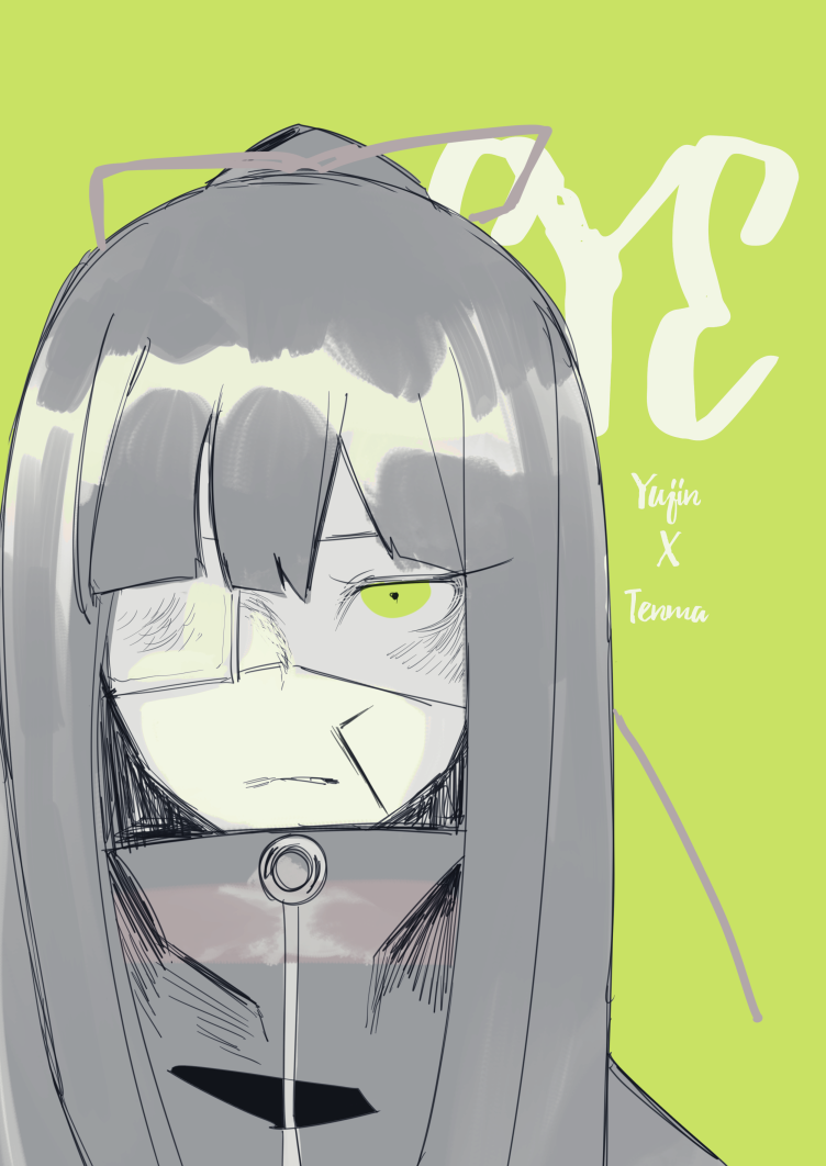 1girl alternate_eye_color bandaid bandaid_on_face eyepatch green_background green_eyes greyscale greyscale_with_colored_background hair_ribbon half_updo jacket library_of_ruina long_hair looking_at_viewer madotsuki_ren medical_eyepatch monochrome parted_lips project_moon ribbon scowl shi_association_south_uniform sidelocks solo tenma_(project_moon) very_long_hair