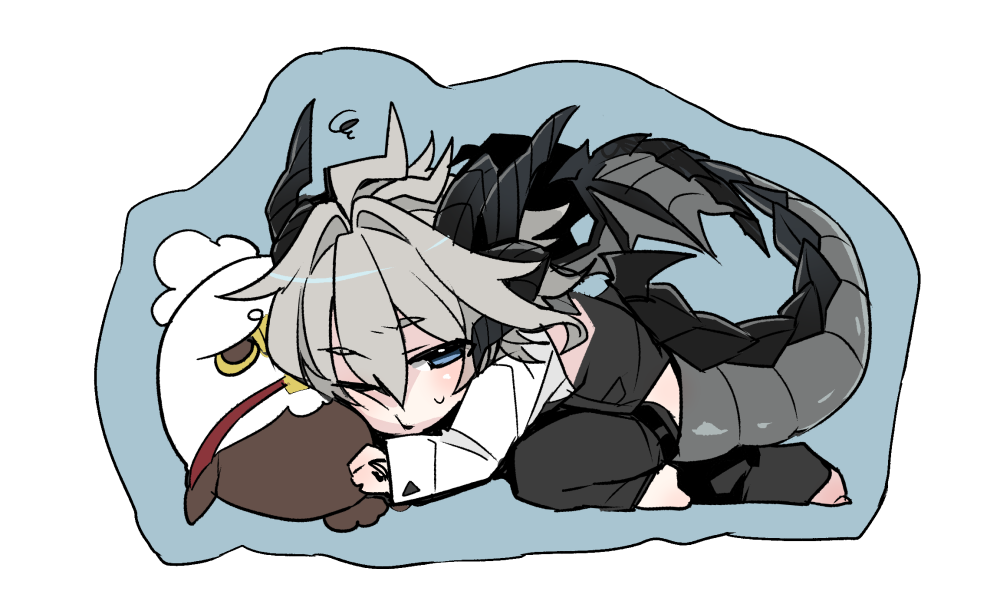 1boy alternate_eye_color barefoot black_horns black_pants black_vest blue_eyes chibi chibi_only clothing_cutout command_spell curled_horns dragon_boy dragon_horns dragon_tail dragon_wings fate/apocrypha fate_(series) grey_tail grey_wings hair_between_eyes haoro hippogriff_(fate) horns hugging_object large_tail light_blush lightning_ahoge male_focus one_eye_closed pants sieg_(fate) solo stuffed_animal stuffed_toy sweatdrop swirl tail tail_through_clothes vest white_background white_sleeves wings