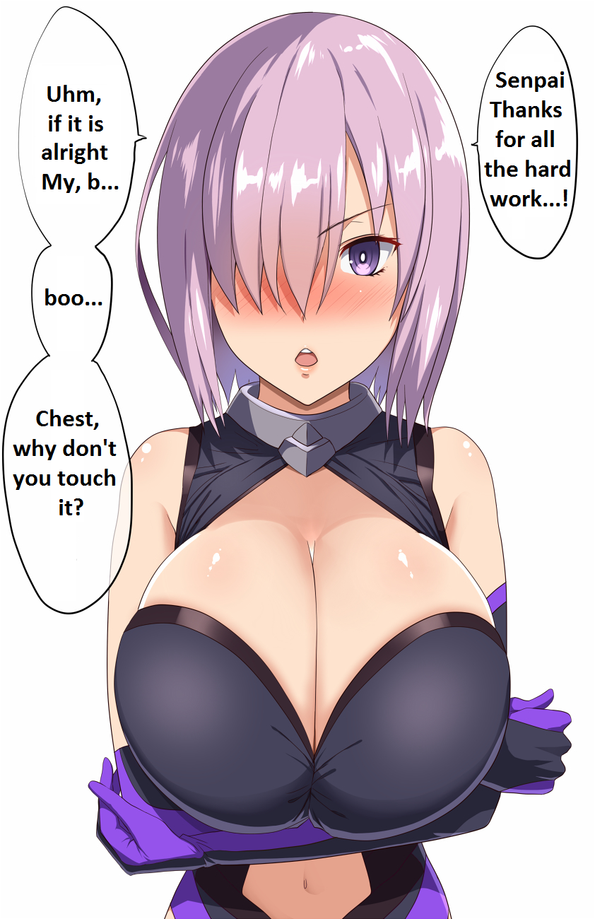 1girl alternate_breast_size arms_under_breasts bare_shoulders blush breasts bright_pupils cleavage cleavage_cutout clothing_cutout crossed_arms elbow_gloves english_text fate/grand_order fate_(series) gloves hair_over_one_eye hard-translated highres huge_breasts kloah leotard looking_at_viewer mash_kyrielight navel navel_cutout open_mouth purple_eyes purple_gloves purple_hair purple_leotard simple_background solo speech_bubble stomach stomach_cutout third-party_edit translated white_background