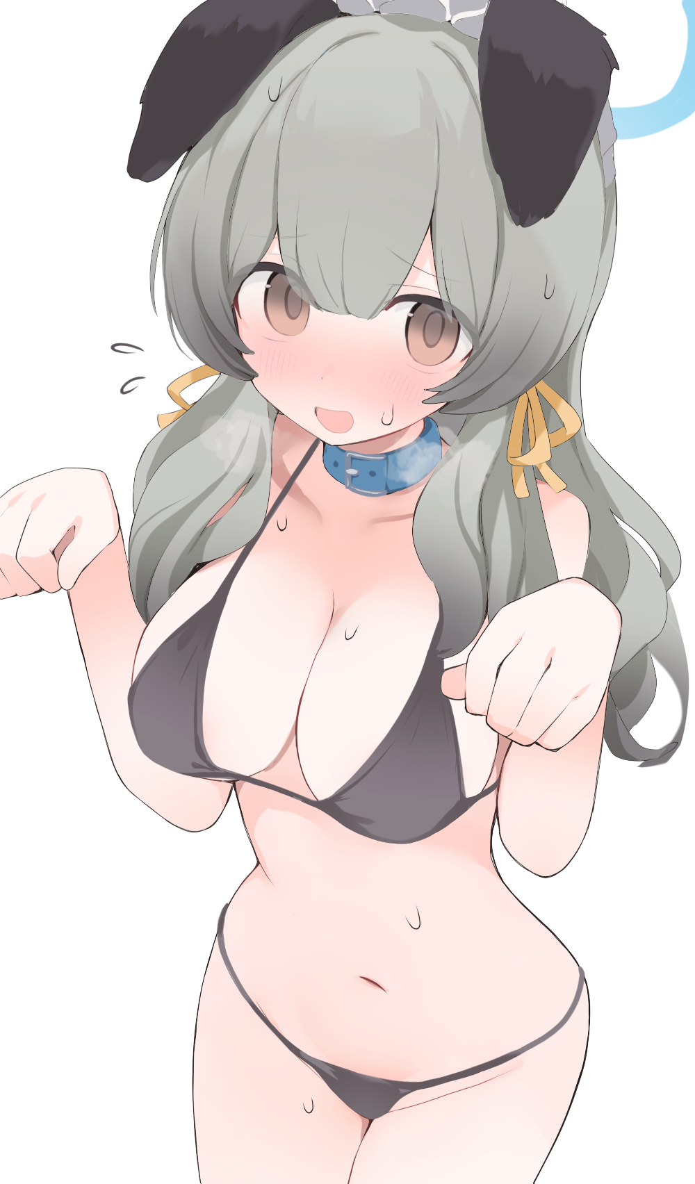 1girl animal_collar animal_ears bikini black_kimono blue_archive blue_collar blue_halo blush breasts brown_eyes cleavage collar commentary dog_ears dog_girl facing_viewer flying_sweatdrops from_above grey_hair hair_ribbon halo hands_up heavy_breathing highres hone_kawa japanese_clothes kimono large_breasts long_hair looking_at_viewer navel nose_blush open_mouth paw_pose pet ribbon seductress simple_background solo steam steaming_body swimsuit thighs umika_(blue_archive) white_background yellow_ribbon