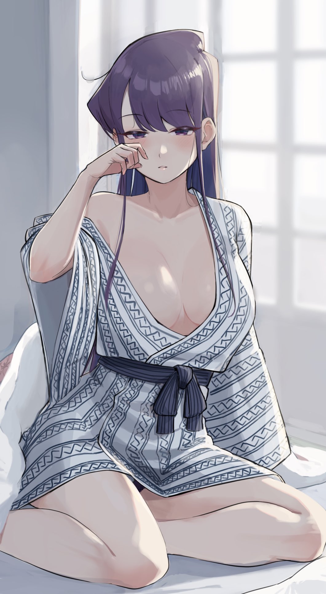 1girl ayatak0517 bed_sheet blue_panties blush breasts cleavage collarbone feet_out_of_frame hand_on_own_face highres indoors japanese_clothes kimono komi-san_wa_komyushou_desu komi_shouko large_breasts long_hair looking_at_viewer off_shoulder panties pantyshot purple_eyes purple_hair sitting solo thighs underwear white_kimono