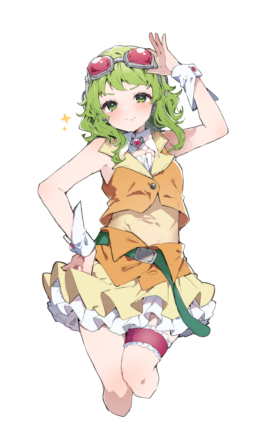 &gt;:) 1girl arm_up bare_shoulders blush brown_skirt closed_mouth cropped_legs goggles goggles_on_head green_eyes green_hair gumi hand_on_own_hip highres ikeuchi_tanuma orange_vest pleated_skirt simple_background skirt smile solo sparkle v-shaped_eyebrows vest vocaloid white_background wrist_cuffs