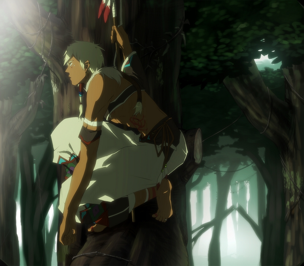 1boy barefoot brown_pants brown_sash brown_shirt bush clenched_hand dappled_sunlight dark-skinned_male dark_skin facing_to_the_side forest grey_eyes gurast holding holding_staff holding_stick in_tree jungle khaki_pants knee_up kneeling leaf light_particles looking_to_the_side mature_male native_american nature on_tree original outdoors pants plant shirt sitting sitting_in_tree staff stick sunlight tree vines white_hair white_trim