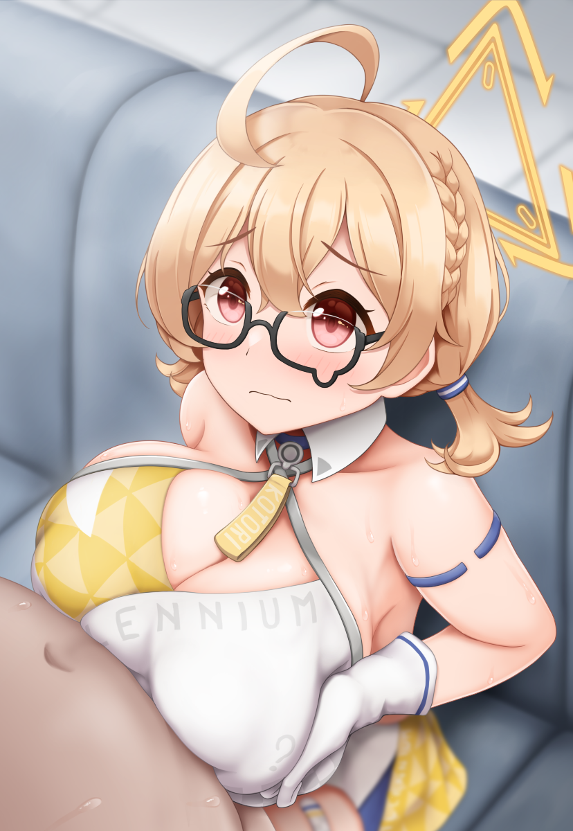 1boy 1girl ahoge akebi_konoha arm_strap blonde_hair blue_archive blurry braid breasts cleavage cleavage_cutout clothing_cutout commentary_request couch crown_braid depth_of_field detached_collar fat fat_man glasses gloves halo hetero highres huge_breasts kotori_(blue_archive) kotori_(cheer_squad)_(blue_archive) light_frown low_twintails navel paizuri paizuri_under_clothes perpendicular_paizuri red_eyes semi-rimless_eyewear sweat teardrop-framed_glasses textless_version thick_arms triangle_halo twintails under-rim_eyewear wavy_mouth white_gloves
