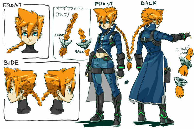 1boy araki_munehiro azure_striker_gunvolt azure_striker_gunvolt_1 black_boots black_gloves black_shirt blonde_hair blue_coat blue_eyes blue_pants boots braid braided_ponytail close-up coat concept_art fingerless_gloves full_body gloves gunvolt male_focus multiple_views navel official_art pants reference_sheet shirt simple_background white_background