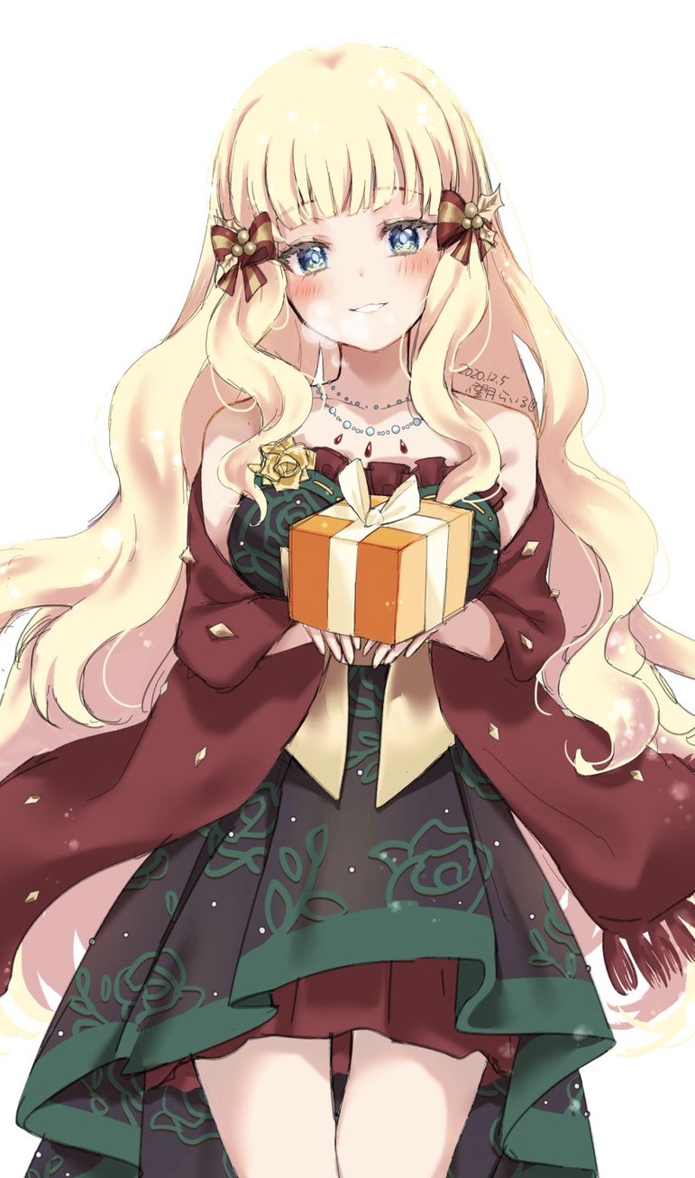 1girl blonde_hair blue_eyes blunt_bangs blush bow breasts christmas hair_bow hair_ornament highres large_breasts long_hair looking_at_viewer miruko_tete princess_connect! saren_(christmas)_(princess_connect!) saren_(princess_connect!) simple_background smile solo wavy_hair