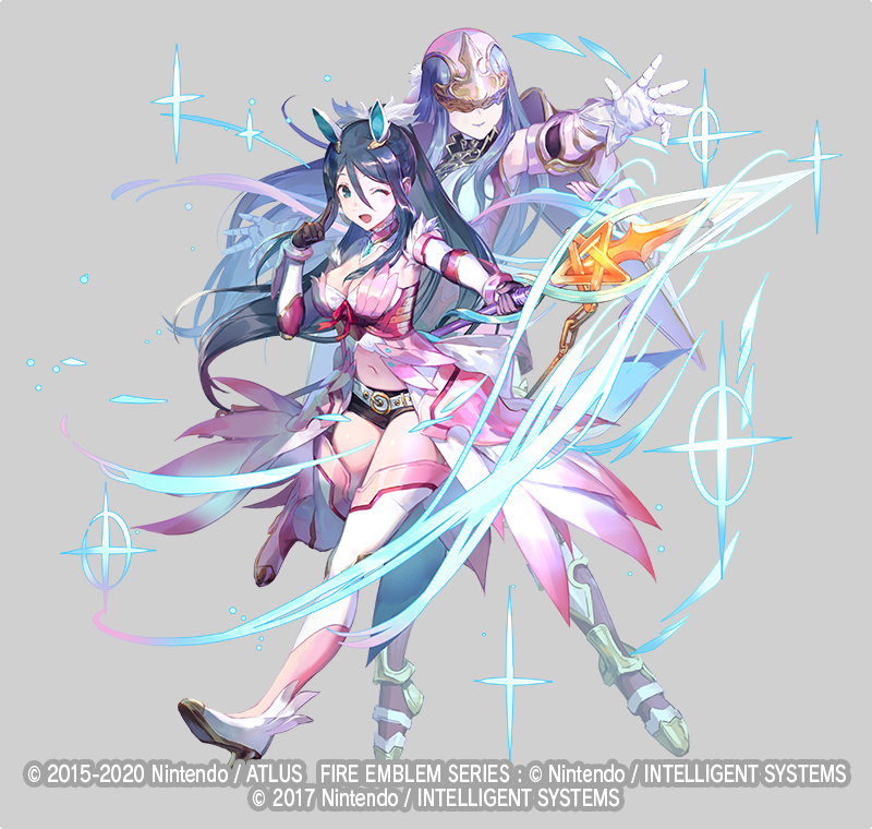 1girl azu-taro belt belt_buckle black_shorts blue_eyes blue_hair boots breasts buckle caeda_(fire_emblem) choker cleavage fire_emblem fire_emblem_heroes full_body gloves grey_background helmet high_heel_boots high_heels large_breasts long_hair midriff navel nintendo official_art one_eye_closed open_mouth oribe_tsubasa polearm ponytail short_shorts shorts sparkle spear thigh_boots thighhighs tokyo_mirage_sessions_fe weapon