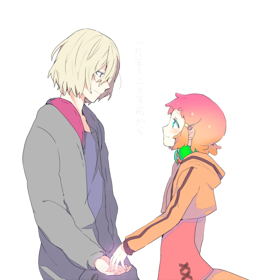 10s 1boy 1girl amy26 aquarion_(series) aquarion_evol bad_id bad_pixiv_id blonde_hair blush coat couple gradient_hair hair_ornament hair_over_one_eye headphones hetero jin_musou multicolored_hair orange_hair purple_hair short_hair smile yunoha_thrul