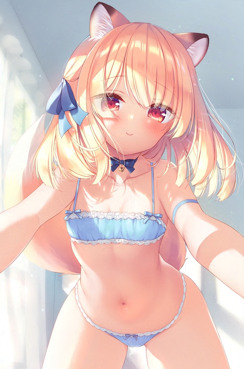 1girl animal_ear_fluff animal_ears bare_arms bare_shoulders bell blonde_hair blue_bow blue_bra blue_panties blush boku_no_risou_no_isekai_seikatsu bow bow_bra bow_panties bra breasts chise_(ichiri) closed_mouth collarbone commentary_request fox_ears fox_girl fox_tail hair_bow highres indoors jingle_bell looking_at_viewer navel neck_bell panties red_eyes sazaki_ichiri small_breasts smile solo tail underwear underwear_only