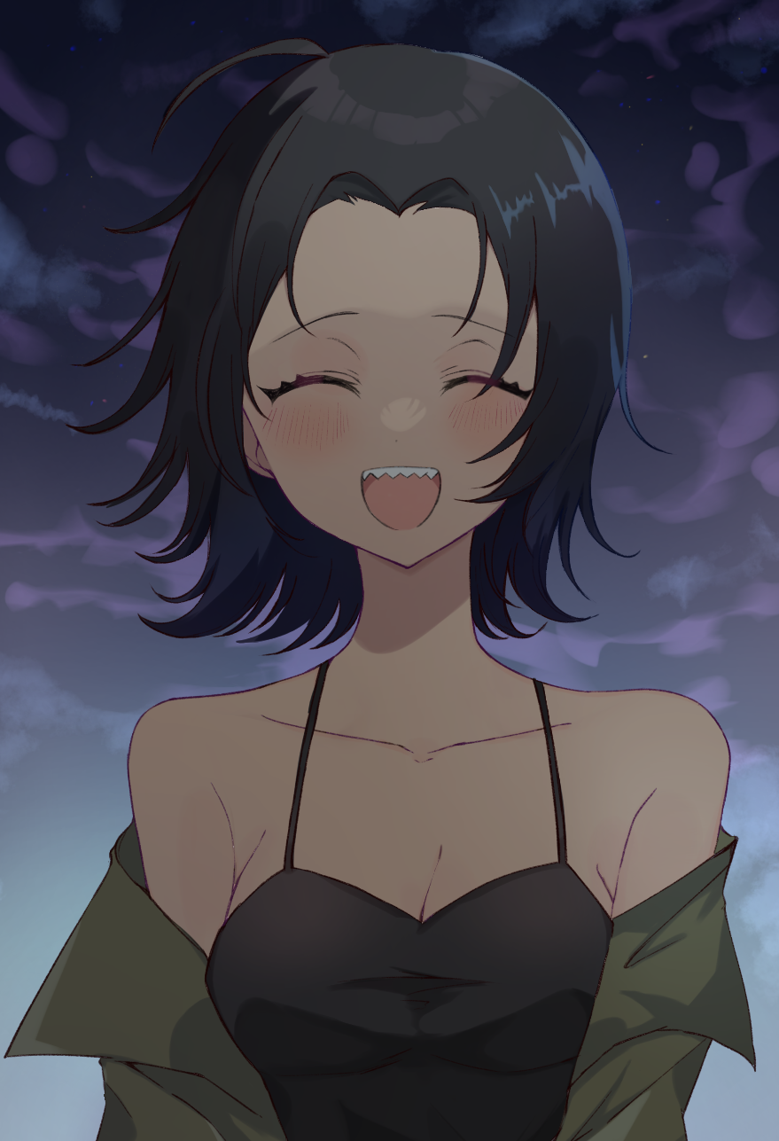 1girl :d ^_^ arms_at_sides bare_shoulders black_hair black_tank_top borrowed_character breasts cleavage closed_eyes cloud cloudy_sky collarbone commission dot_nose facing_viewer flipped_hair green_jacket grey_sky happy highres jacket jacket_partially_removed kiysar light_blush middle_part off_shoulder open_clothes open_jacket open_mouth original outdoors second-party_source sharp_teeth sideboob skeb_commission sky smile solo storm_cloud straight-on tank_top teeth upper_body upper_teeth_only wind