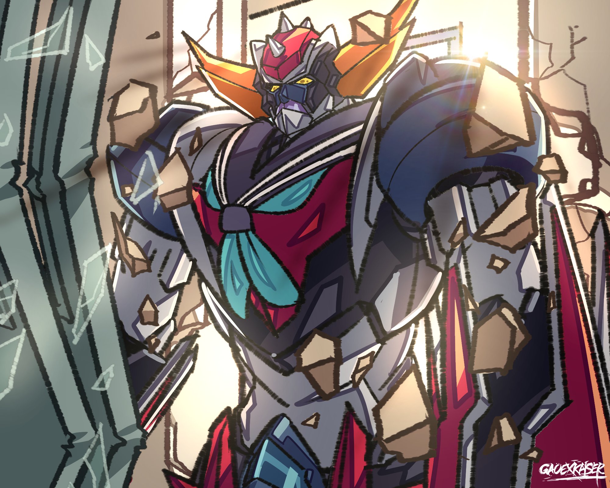 breaking_through_wall broken_wall crack cracked_wall doorway gao_ex_kaiser grendizer grendizer_(grendizer_u) grendizer_u highres horns huge_horns mazinger_(series) mecha mecha_focus meme neckerchief no_humans nokotan_entering_a_classroom_(meme) robot sailor_collar scene_reference school_uniform science_fiction season_connection serafuku shikanoko_nokonoko_koshitantan strong super_robot ufo_robo_grendizer yellow_eyes