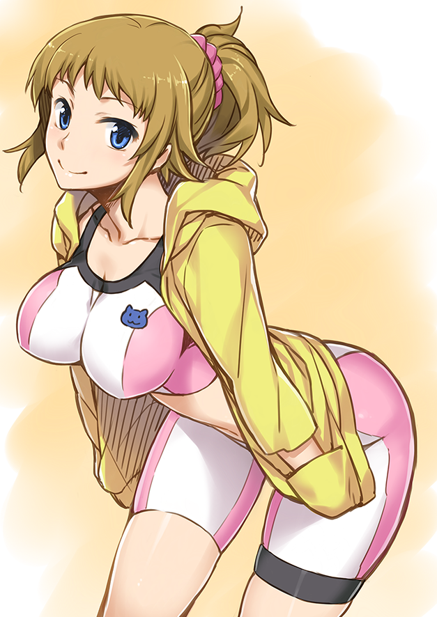 10s 1girl bike_shorts blue_eyes blush breasts brown_hair female_focus gundam gundam_build_fighters gundam_build_fighters_try hoshino_fumina jacket large_breasts looking_at_viewer midriff ponytail scrunchie short_hair smile solo sports_bra two-tone_sports_bra yanagi_(tsukiakari)