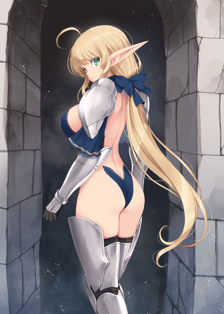 1girl ahoge armor armored_boots armored_gloves armored_legwear ass back backless_outfit bare_back black_gloves blonde_hair blue_bow blue_collar blue_leotard boots bow breasts collar commentary_request elf gauntlets gloves green_eyes highleg highleg_leotard kirishima_satoshi large_breasts leotard leotard_elf_knightess_(kirishima_satoshi) long_hair long_pointy_ears looking_back original pauldrons pointy_ears shoulder_armor shoulder_blades sideless_leotard solo stone_wall super_highleg very_long_hair