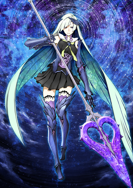 1girl arm_armor armor armored_boots armored_dress armored_gloves black_dress blue_armor boots breasts brynhild_(fate) brynhild_romantia closed_mouth diagonal_bangs dress elbow_gloves fate/grand_order fate_(series) feather_hair_ornament feathers full_body gauntlets gloves green_hair green_neckerchief hair_ornament holding holding_weapon long_hair looking_to_the_side miwa_shirow neckerchief official_art parted_bangs pleated_dress polearm purple_boots purple_eyes purple_gloves sailor_collar short_dress sleeveless sleeveless_dress solo spear star_(sky) star_trail starry_sky_background thigh_boots third-party_source variant_set very_long_hair weapon white_sailor_collar